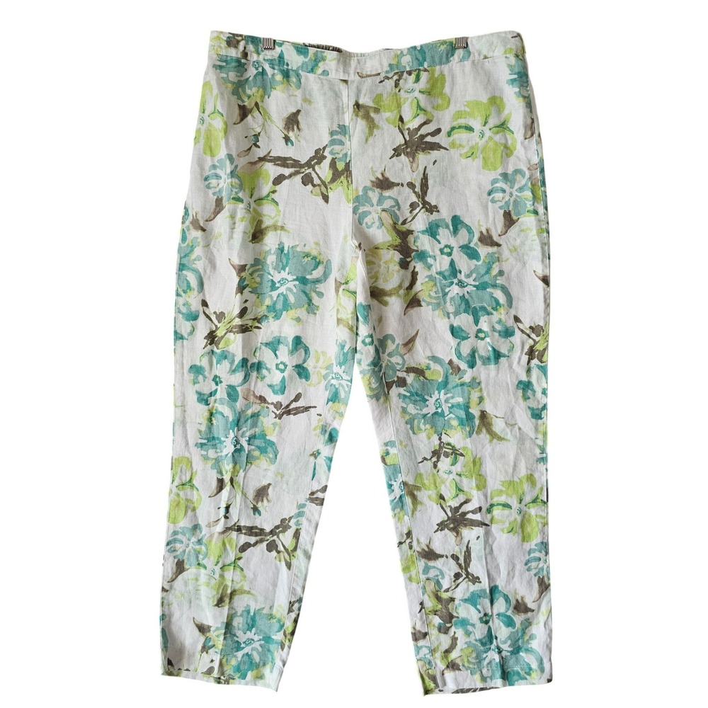 Chico's White Floral Print Linen Blend Elastic Waist Pants Size 3